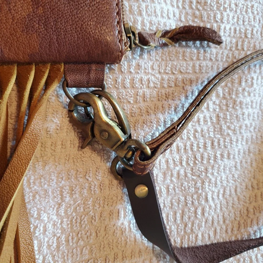 American Darling Leopard Cowhide Fringe Crossbody Bag Brown Leather Western Sz S